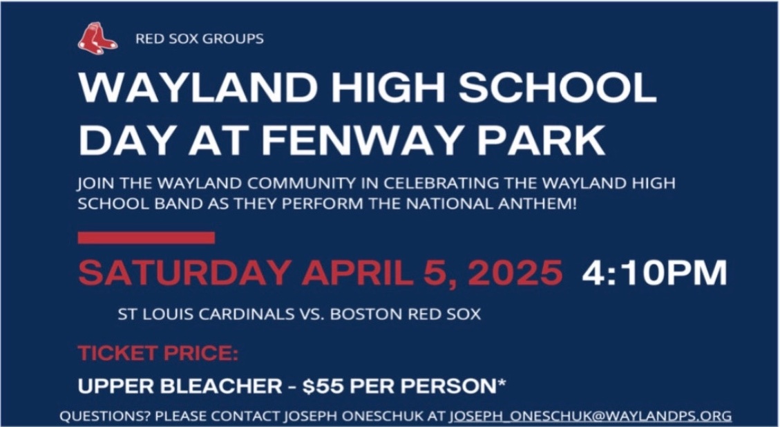 WHS Band to Perform at Red Sox Game – Saturday, April 5th